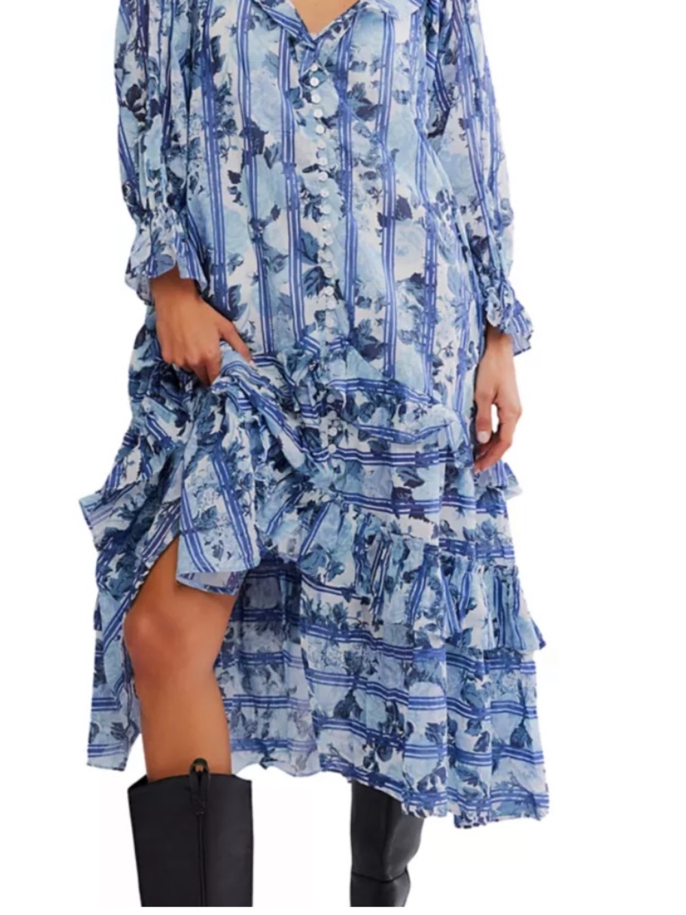 Free People Blue Floral striped Tiered Dress
